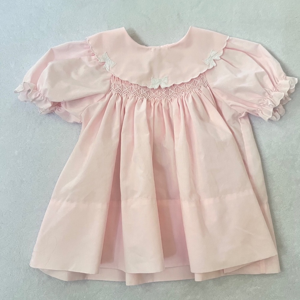 Baby Togs Dress Pink Vintage Smocked Scalloped Collar Bows 24 Months